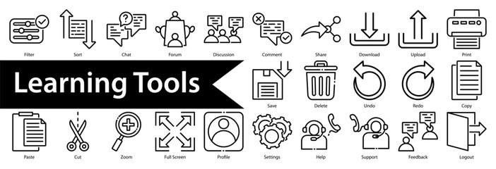 Learning Tools Icon Collection and Set Containing: Course,Lesson,Module,Quiz,Test,Exam,Assignment,Homework,Project,Tutorial,Video,Audio,Topic,eBook,PPT,PDF,Note,Bookmark,Calendar,Reminder