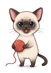 Cute Cartoon Siamese Cat Playing with Yarn