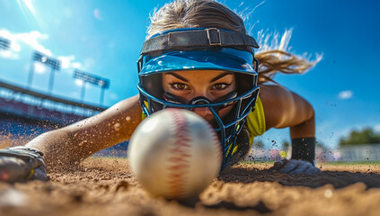 A female softball player, wearing full baseball gear and a protective mask, aggressively slides toward home plate with the ball in front of her face during an intense moment of play.