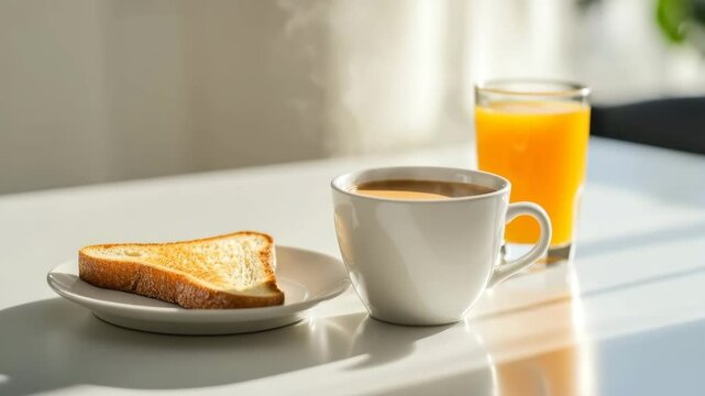Steaming hot coffee white cup with toasted bread plate and fresh orange juice glass for breakfast morning light steam hot drink healthy meal sunlight kitchen simple ceramic refreshment closeup snack