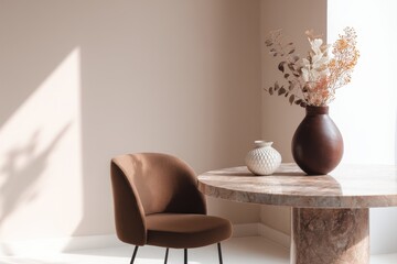 Elegant Interior Design Featuring a Cozy Armchair and a Textured Stone Dining Table with a Decorative Floral Arrangement Creating a Warm and Inviting Ambiance