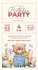 Watercolor birthday party cute teddy bear gift baby girl boy poster template card invitation 5