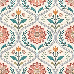 "Seamless vintage floral pattern with red, yellow, and green flowers in a diamond grid layout."