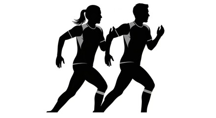 Obraz premium Silhouettes of a man and woman running together in athletic wear isolated on white background