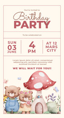 Watercolor birthday party cute teddy bear gift baby girl boy poster template card invitation 5