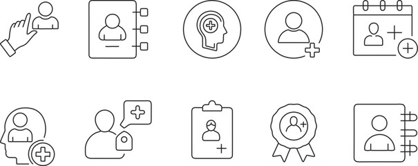 User Add, Contact Profile, Member Signup, Talent Selection, Account Register – Vector Line Icons for User Interface & CRM Tools