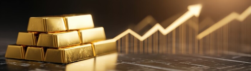 Stacked gold bars with a rising arrow graph symbolize wealth growth and financial success.