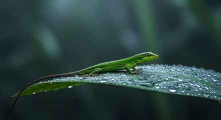 Emerald Lizard on Dew-Kissed Leaf