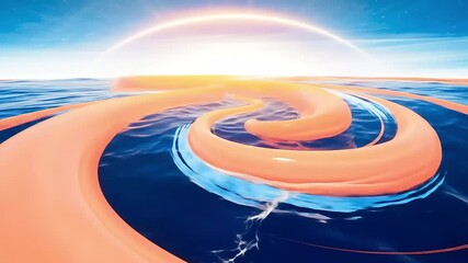 Abstract orange ribbons swirl on deep blue water under a glowing horizon, creating a vibrant, dynamic scene