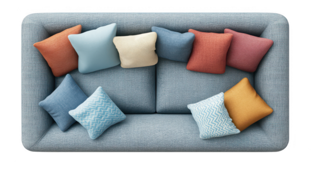 Top View Comfortable Sofa With Colorful Pillows