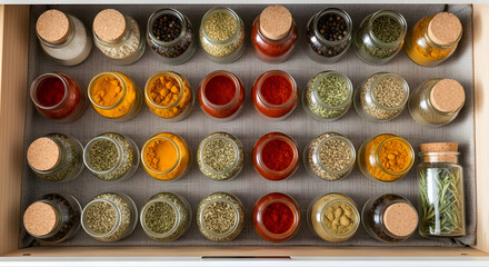 Overhead view of glass jars filled with rice, lentils, pasta, and flour, each with a wooden scoop. Set on a linen cloth with neutral tones. A clean, minimal zero-waste pantry setup.