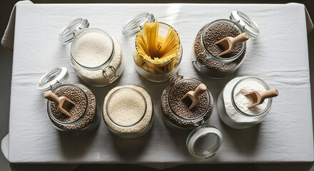 Overhead view of glass jars filled with rice, lentils, pasta, and flour, each with a wooden scoop. Set on a linen cloth with neutral tones. A clean, minimal zero-waste pantry setup. 