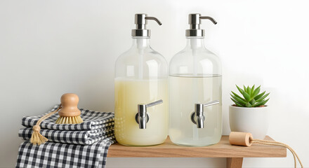 Two large glass dispensers with metal taps hold natural dish soap and hand soap. Set on a wooden shelf with tea towels, a bamboo brush, and a tiny potted plant.