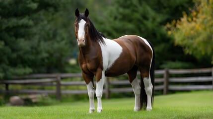 Obraz premium Paint horse standing in a wide green pasture, unique coat pattern contrasted against natural surroundings.