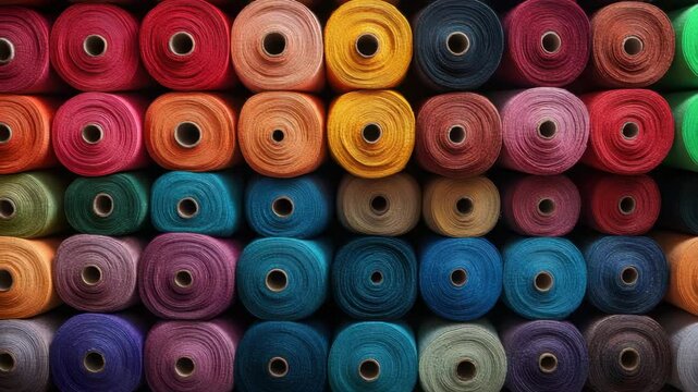 Colorful yarn spool rolls stacked in rows displaying vibrant textile threads and fabric in various shades, perfect for craft, sewing, and material projects with organized thread rolls