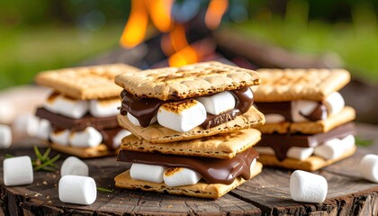 Fototapeta premium S'mores stacked on wooden stump, campfire in background