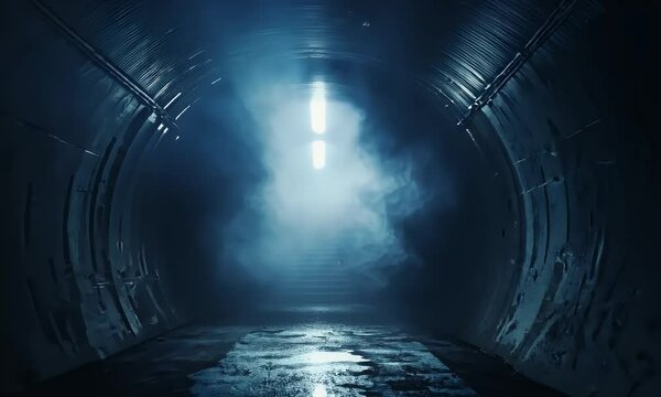 A dark, futuristic tunnel with blue neon lights and a misty atmosphere, creating an immersive sci-fi scene. The tunnel is symmetrical in shape, featuring circular or oval designs on the walls and ceil
