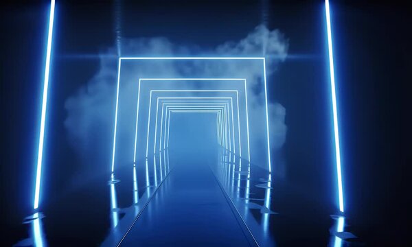 A dark, futuristic tunnel with blue neon lights and a misty atmosphere, creating an immersive sci-fi scene. The tunnel is symmetrical in shape, featuring circular or oval designs on the walls and ceil