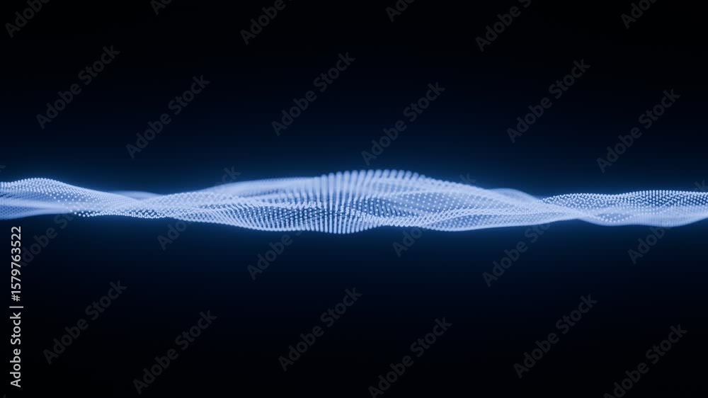 Poster seamless loop. glowing waveform of blue digital particles forming a smooth abstract flow on a dark b