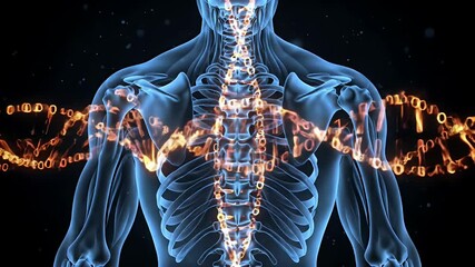 Detailed Blue Human Skeleton and Bright Orange DNA Helix Illustration on Black Backdrop - Powered by Adobe