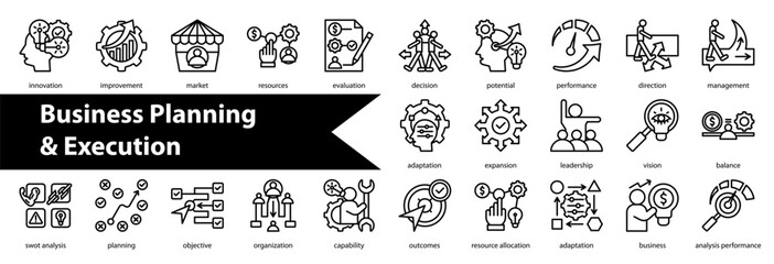 Business Planning & Execution Icon Collection and Set Containing: challenge,execution,business,weaknesses,goal,priority,value chain,insight,risk,progress,solution,opportunity,efficiency,focus,impact