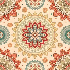  Intricate mandala design with symmetrical floral elements in warm red, teal, and gold tones on a beige background.
