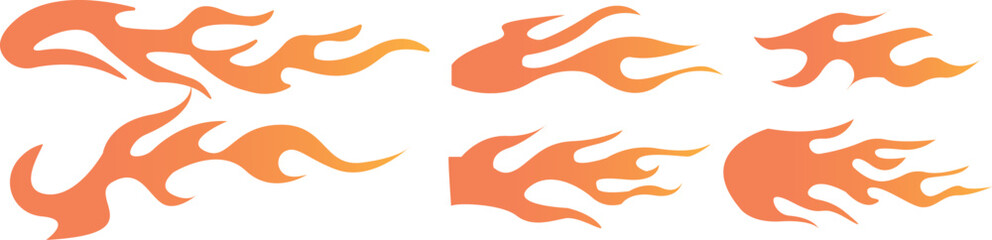 A collection of stylized flame designs in varying shapes and orientations on a white background surface
