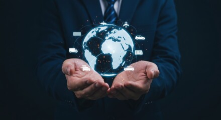 Photo of a businessman is holding a digital globe with transportation icons