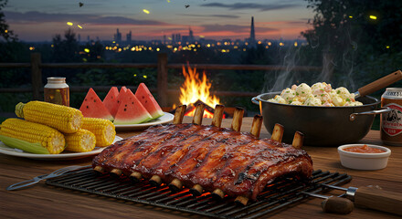 BBQ Night with City View: Ribs, Corn, Watermelon, and Potato Salad