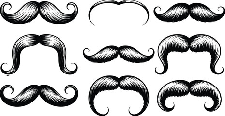 mustache set with various retro styles in a detailed engraved look. collection of black and white vintage facial hair icons. hand-drawn vector illustration for gentleman design.