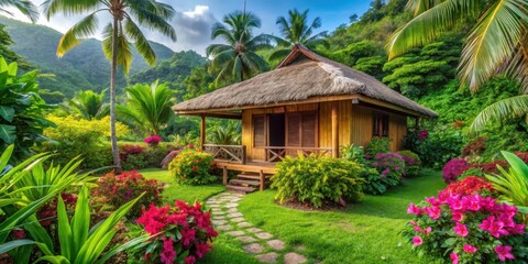 Obraz premium Cozy private bungalow nestled among lush greenery and vibrant tropical flowers
