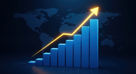 Photo of a glowing arrow shows the positive trend in a blue bar graph