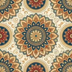 Intricate mandala design with symmetrical floral elements in warm red, teal, and gold tones on a beige background.
