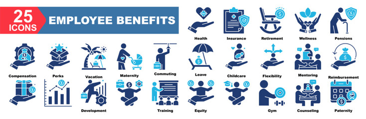 employee benefits icon collection set.Health,Insurance,Retirement,Wellness,Pensions,Compensation,Perks.Simple vector illustration.