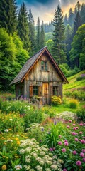 Rustic wooden cottage nestled among lush greenery and wildflowers