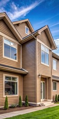 Modern house with tan colored vinyl siding and a window frame
