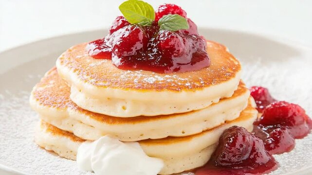 Stacked Pancakes with Berries: A delectable stack of fluffy pancakes crowned with a vibrant berry compote and fresh mint, evoking warmth and a symphony of flavor, perfectly presented on a plate.