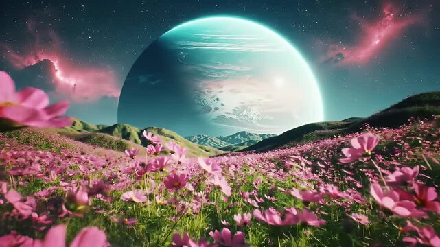 Field of Pink Cosmos Flowers under a Starry Sky with Large Glowing Planet in Background