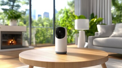 Contemporary Living Room with Large Window View, Wooden Table, Speaker, Smart Home Security Camera