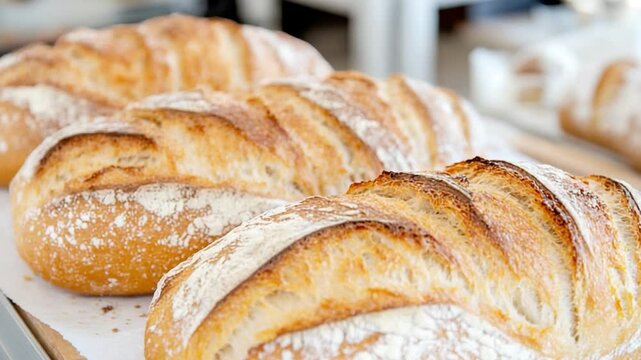Artisanal Bread Display: A delectable selection of freshly baked artisanal bread sits in row, inviting viewers to savor the simple pleasures of life.