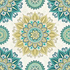  Intricate mandala design with symmetrical floral elements in warm red, teal, and gold tones on a beige background.

