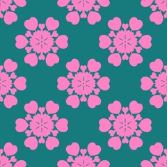 Seamless pattern with pink heart-shaped floral motifs on a teal background, perfect for textiles, digital art, and charming designs.