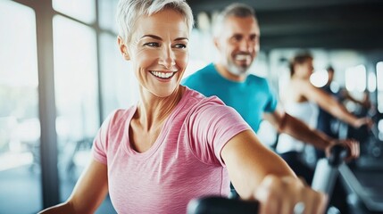 Fitness couple on exercise bikes in modern gym with natural Cancer patient does aerobic