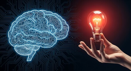 Glowing brain circuit holding bright light bulb technology