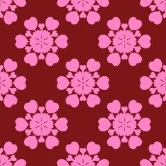 Seamless pink heart mandala pattern on a rich maroon background. Perfect for romantic, elegant, or festive designs, adding a touch of love and warmth to any project.
