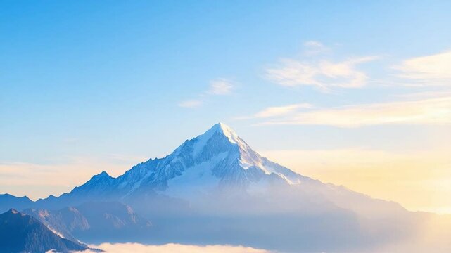 Majestic Peak Embraced by Sky: Witness the serene majesty of a snow-capped mountain peak piercing the clear blue sky, a panorama of nature's sublime architecture. 