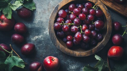 A wooden bowl filled with red grapes surrounded by red plums and green leaves on a textured grey background.