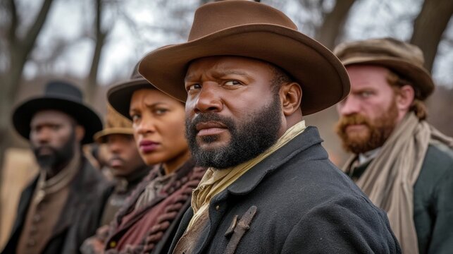 Group of people standing in line, man center with A wearing hat