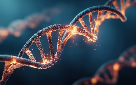 A macro image of a DNA double helix structure against a dark background, used for decorative and promotional materials in biology, medical research, genetic engineering, and other related areas. - Powered by Adobe