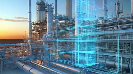 Industrial Complex with Large Pipes and Equipment at Sunset in Digital twin technology creates virtual replicas